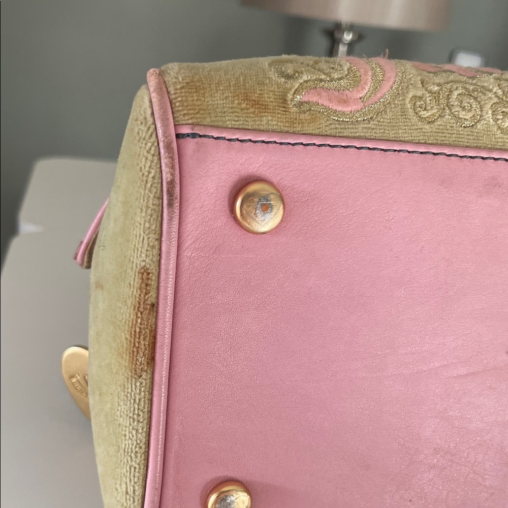 Vintage Juicy Couture Pink & Light Green Satchel with Light Green Pom Poms - Picture 8 of 16